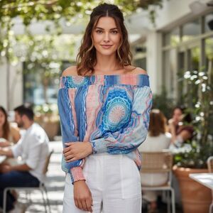 Ramy Brook Off-The-Shoulder Paisley Blouse Blue & White Size M | Boho Chic